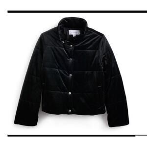 POPSUGAR Women Black Velvet Button Front Puffer Jacket Size Med Retro Boho Warm